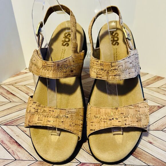 SAS Nudu Heel Strap Sandal Golden Cork Women 9.5 W Gold Metallic Comfort USA - Picture 3 of 9